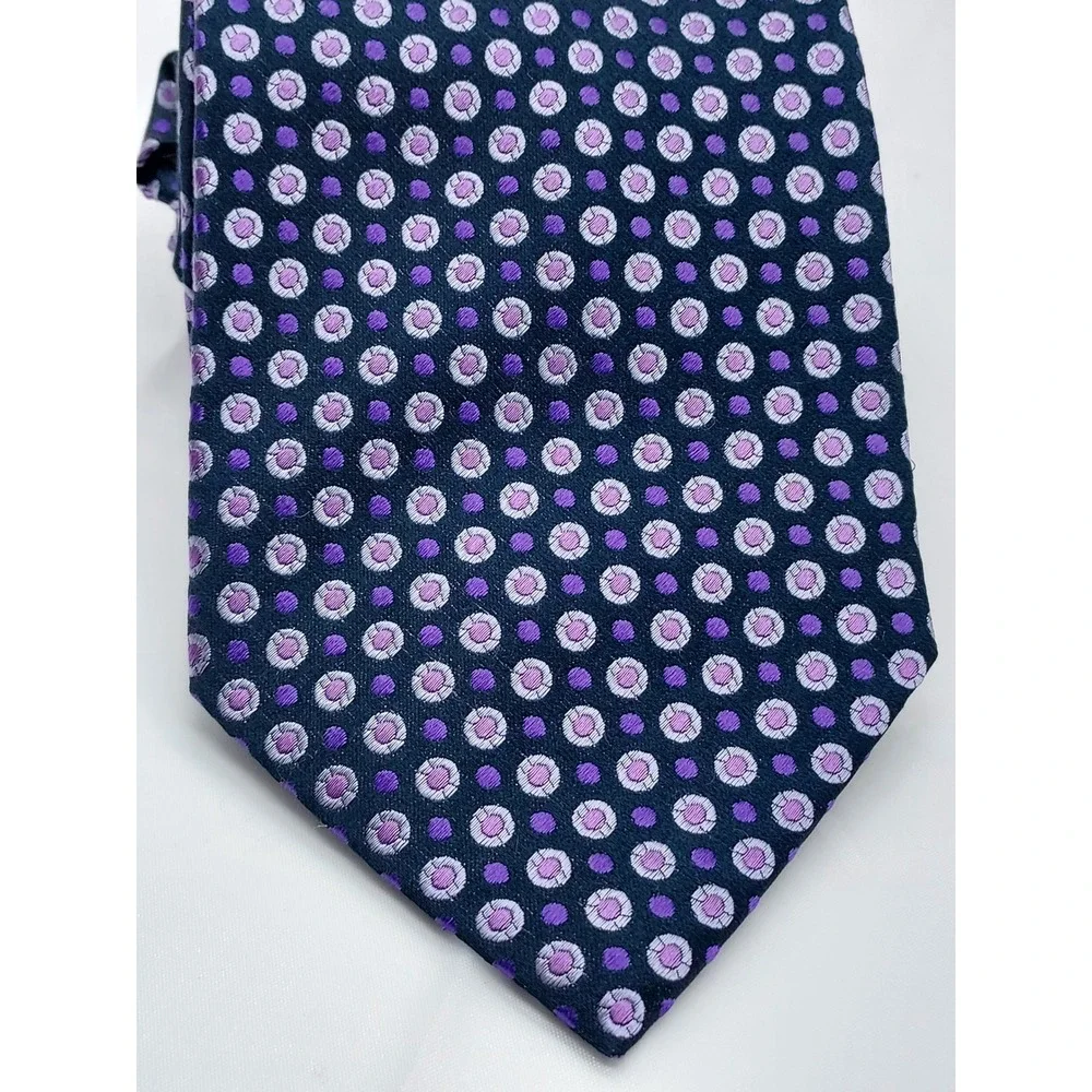 Roberto Villini Collezione Mens Silk Tie Purple Grey Geometric Medallion Navy